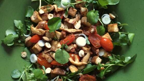 Lukewarm salad with watercress, tofu, buckwheat & shiitake