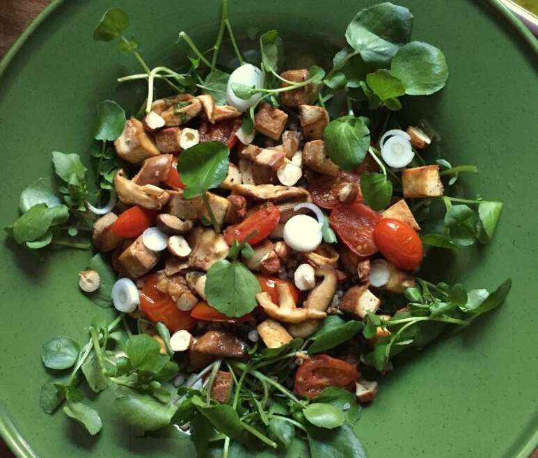 Lukewarm salad with watercress, tofu, buckwheat & shiitake