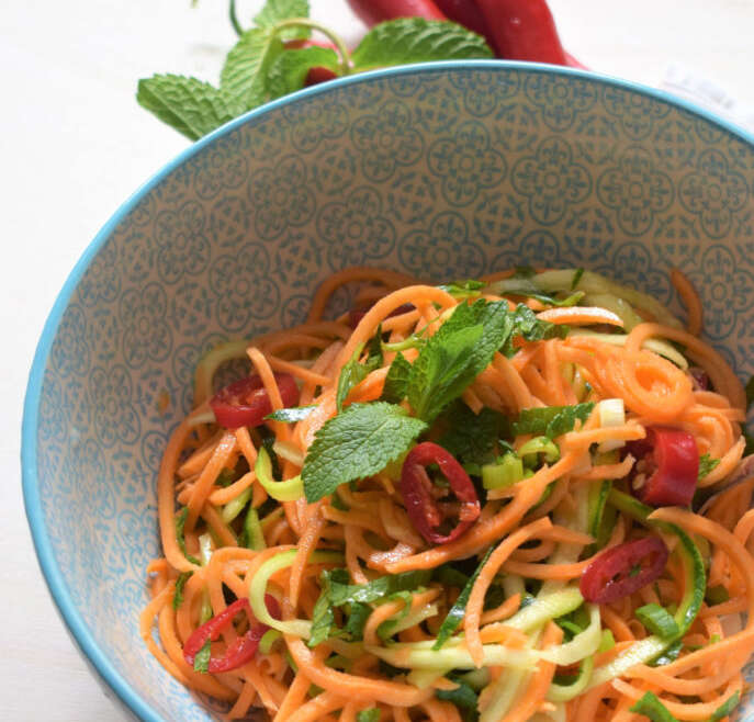 Sweet potato and courgette spaghetti salad with a Thai touch
