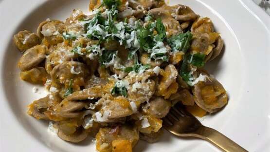 Orecchiette with pumpkin, pink onion & rosemary