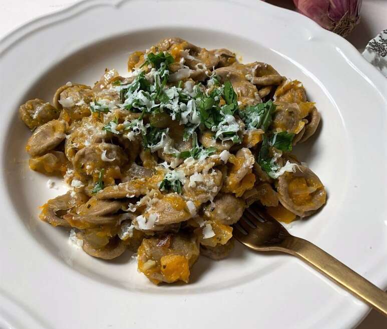 Orecchiette with pumpkin, pink onion & rosemary