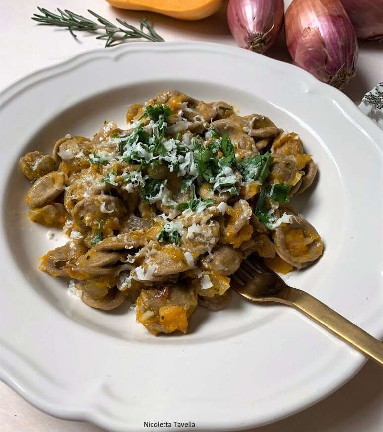 Orecchiette with pumpkin, pink onion & rosemary