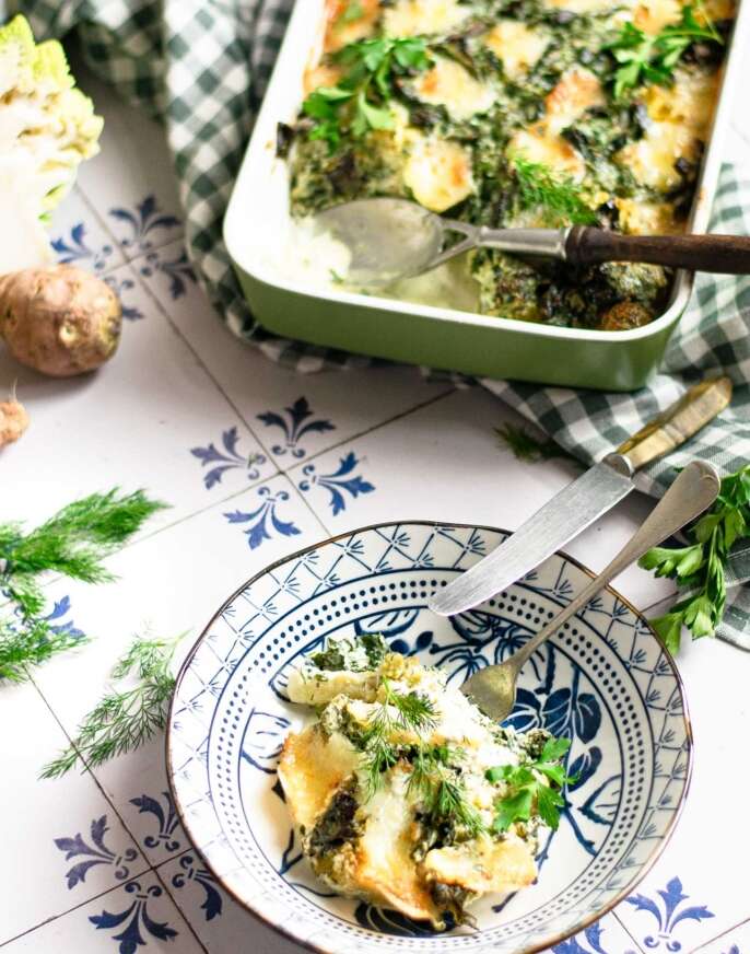 Winter veggies oven dish with cream and cheese
