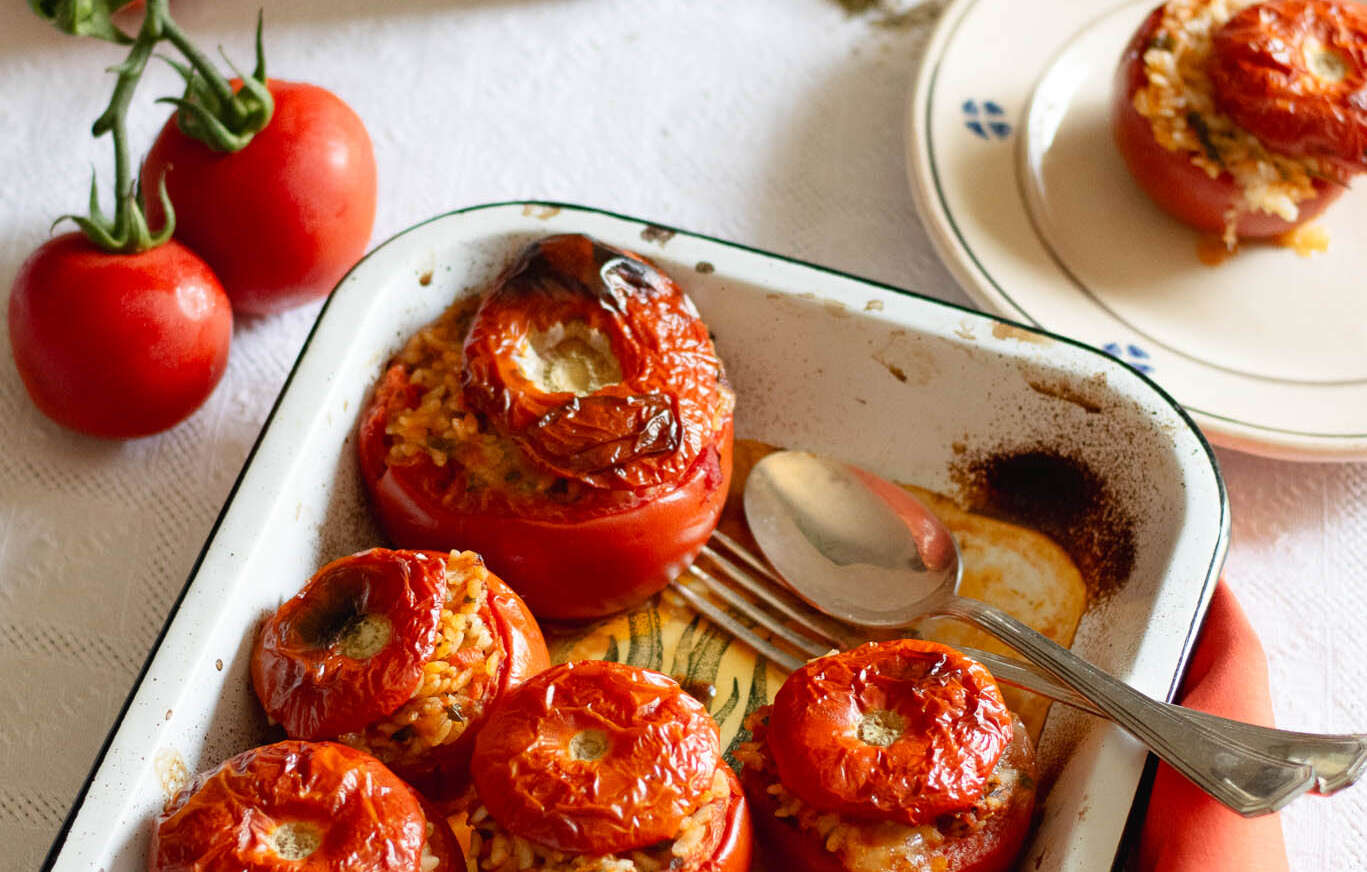 Tomatoes stuffed with rice, cheese and herbs
