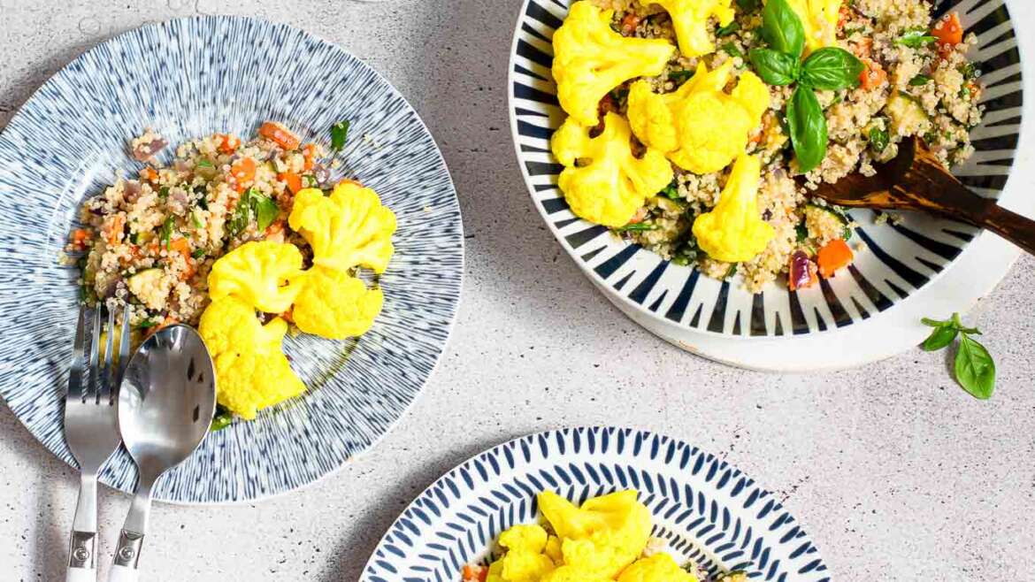 Sicilian quinoa salad with vegetables and pickled cauliflower