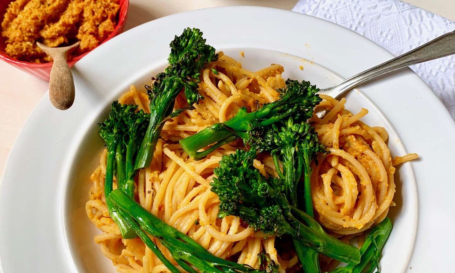 Lentil pasta with carrot, oregano & hazelnut pesto and bimi (vegan)