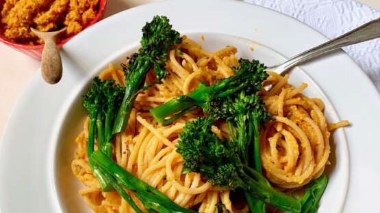 Lentil pasta with carrot, oregano & hazelnut pesto and bimi (vegan)