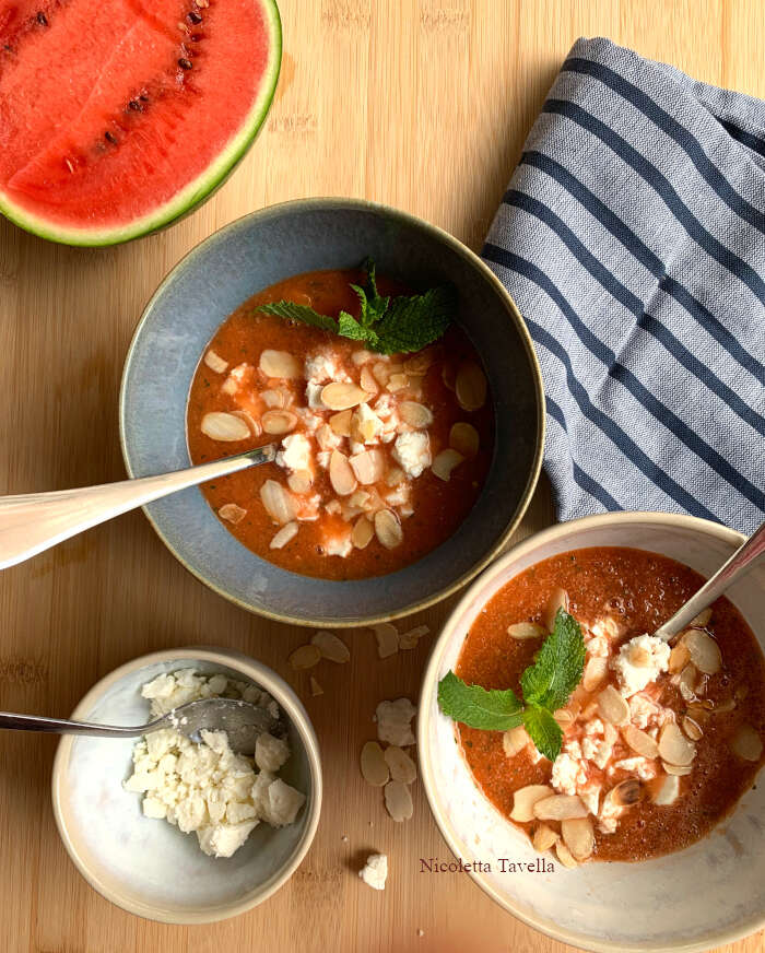 Cold watermelon, cucumber & feta soup